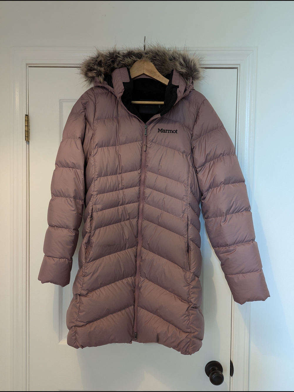 Marmot Women's Montreal Long Puffer Coat in Dusty Mauve with Faux Fur Hood